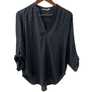 LUSH Blouse Top Charcoal-Black Leopard Spots Roll-Up Sleeve Women’s Size Medium